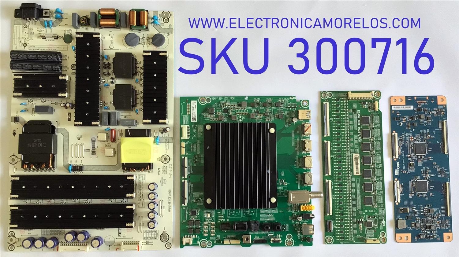 KIT DE TARJETAS PARA TV HISENSE / MAIN 281575 / RSAG7.820.10521/ROH / 281576 / FUENTE 276230 / RSAG7.820.8847/ROH / HLP-5570WM / T-CON 5565T55C35 / 65T55 C0K / DRIVER 283628 / RSAG7.820.10257/ROH / JHD650X3U53-T1L7 / T650QVN07.8 / MODELO 65U7G 65A68FUA